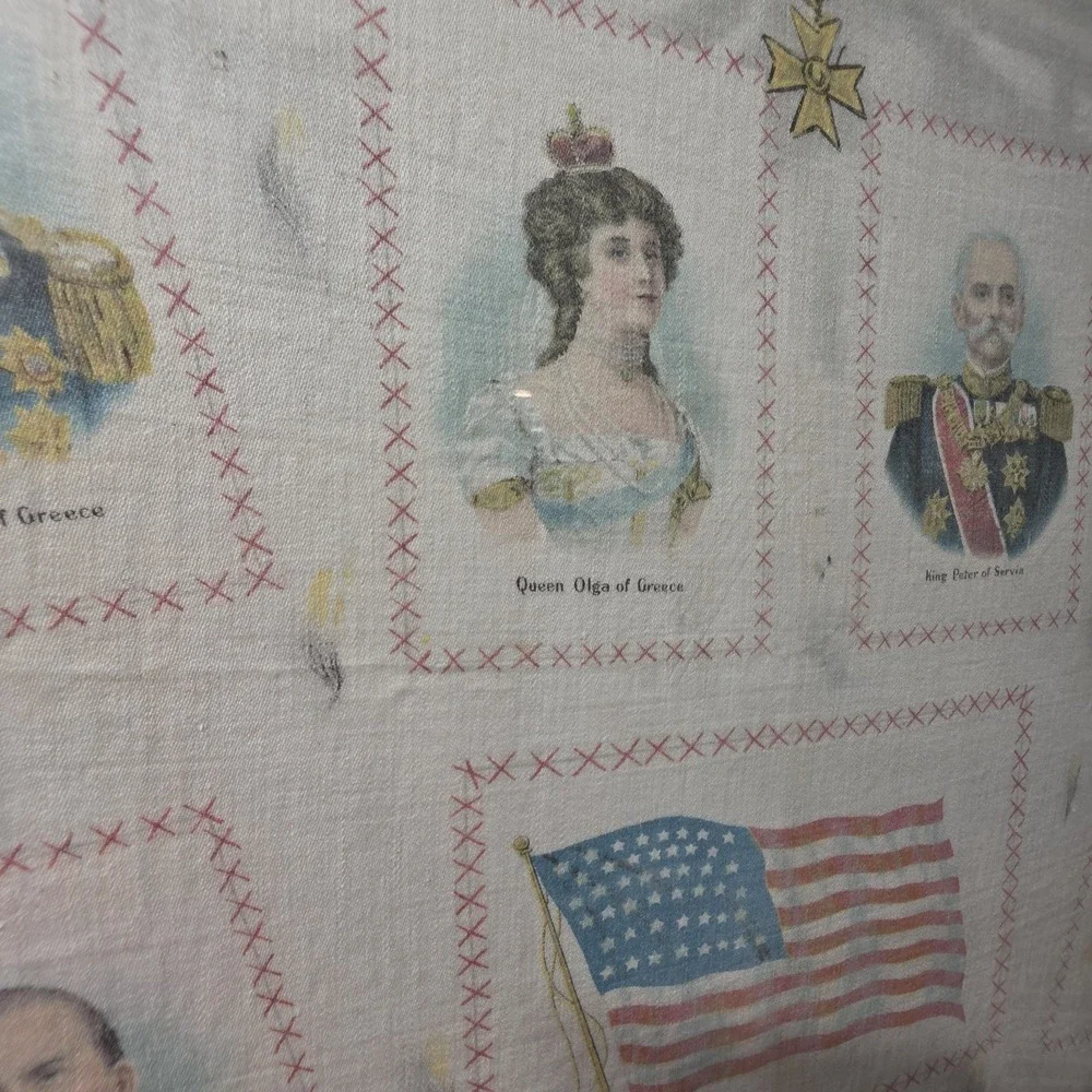 Antique Silk Tobacco Rug American European Royalty Monarchs Textile WWI Era